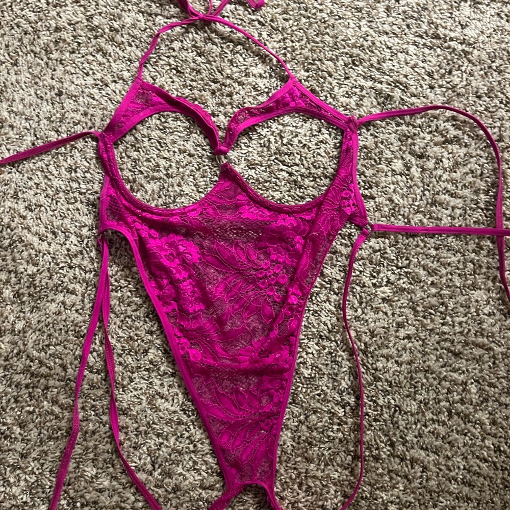 Sexy pink lace lingerie bodysuit